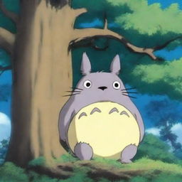 A serene image of Totoro, the beloved character from Studio Ghibli, sitting peacefully against the trunk of a large tree