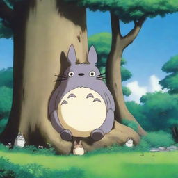 A serene image of Totoro, the beloved character from Studio Ghibli, sitting peacefully against the trunk of a large tree