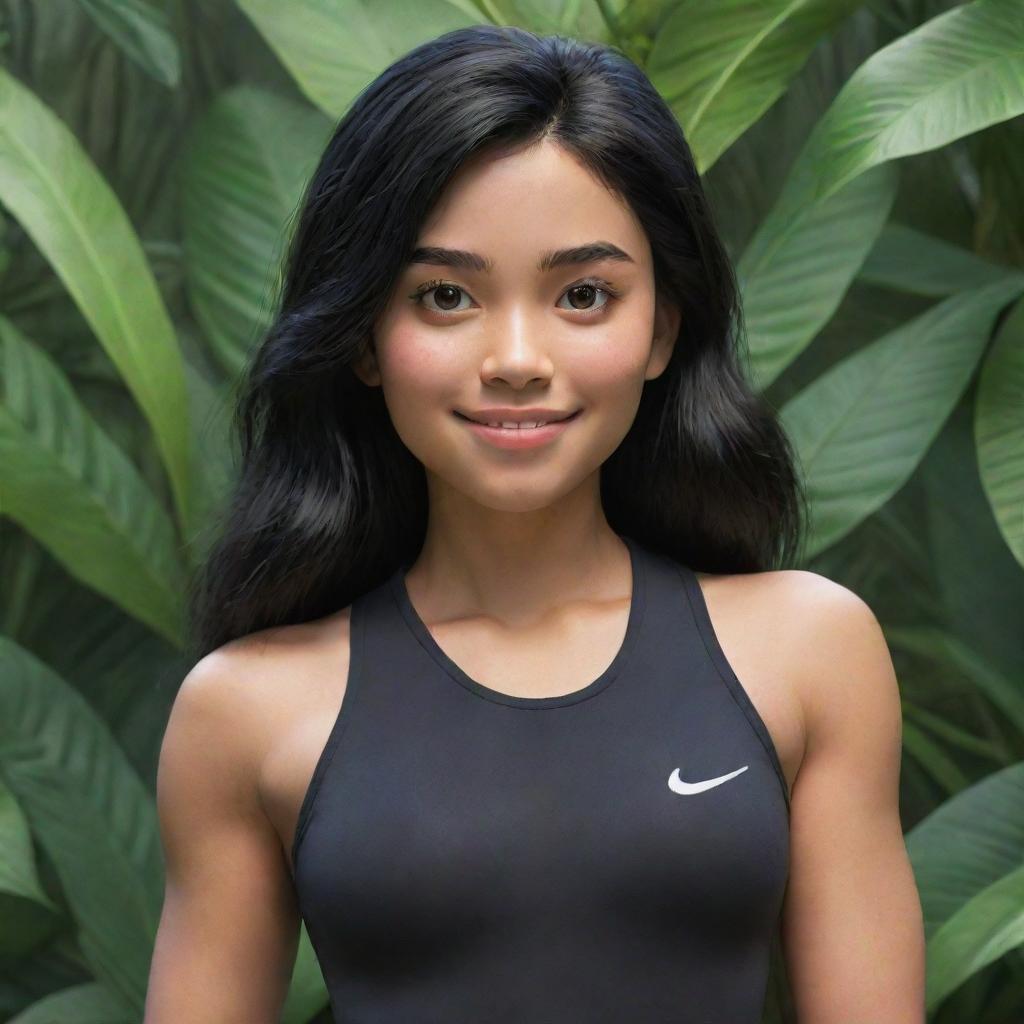 A Disney-Pixar style drawing of an athletic girl with black hair, wearing a gym suit. She is in a closeup shot, with the detailed backdrop of a lush jungle.