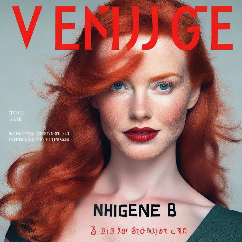 Generate a photo-realistic image of an attractive red-headed female striking an intimidating pose, with the title 'Vengeance Be Mine' prominently displayed