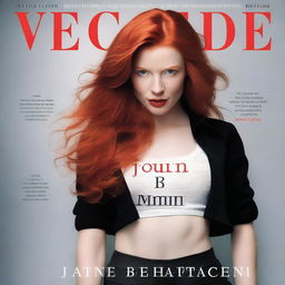 Generate a photo-realistic image of an attractive red-headed female striking an intimidating pose, with the title 'Vengeance Be Mine' prominently displayed