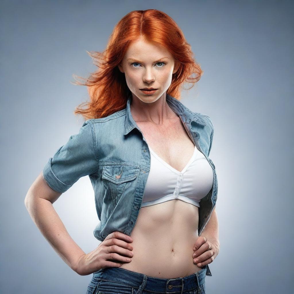 Create a photo-realistic image of an attractive red-headed female striking an intimidating pose.