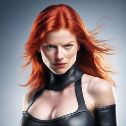 Create a photo-realistic image of an attractive red-headed female striking an intimidating pose.