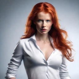 Create a photo-realistic image of an attractive red-headed female striking an intimidating pose.