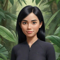 A Disney-Pixar style drawing of an athletic girl with black hair, wearing a gym suit. She is in a closeup shot, with the detailed backdrop of a lush jungle.