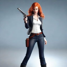 Generate a 4k photo-realistic image of an attractive red-headed female striking an intimidating pose with a revolver.