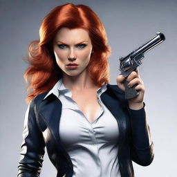 Generate a 4k photo-realistic image of an attractive red-headed female striking an intimidating pose with a revolver.