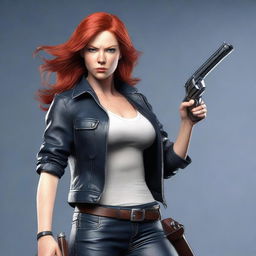 Generate a 4k photo-realistic image of an attractive red-headed female striking an intimidating pose with a revolver.