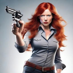 Create a photo-realistic image of an attractive red-headed female striking an intimidating pose with a stub nose revolver pointing straight ahead