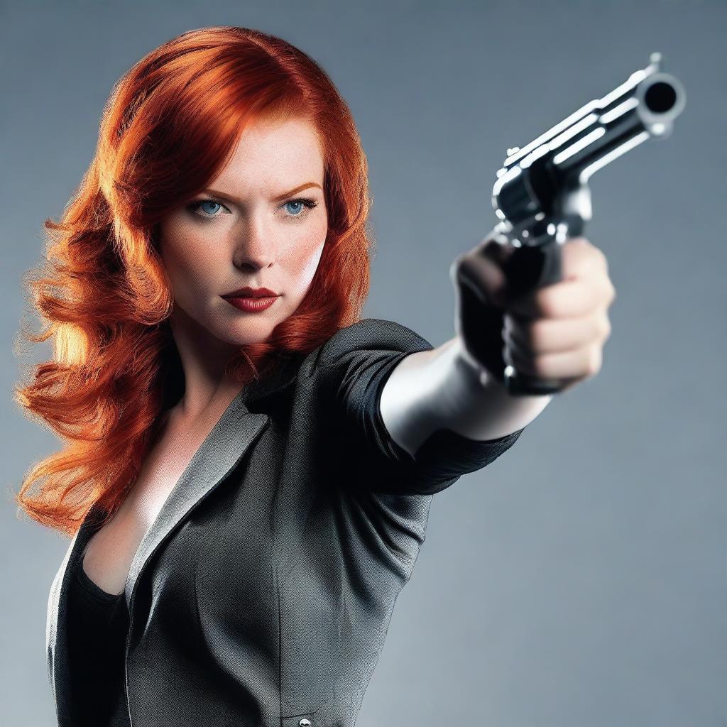 Create a photo-realistic image of an attractive red-headed female striking an intimidating pose with a stub nose revolver pointing straight ahead