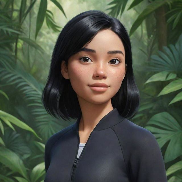 A Disney-Pixar style drawing of an athletic girl with black hair, wearing a gym suit. She is in a closeup shot, with the detailed backdrop of a lush jungle.