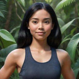 A Disney-Pixar style drawing of an athletic girl with black hair, wearing a gym suit. She is in a closeup shot, with the detailed backdrop of a lush jungle.