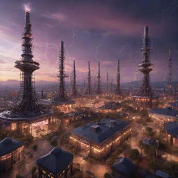 An electrifying Teslapunk city, with structures teeming with Tesla coils, arcs of electricity, and retro-futuristic technology set against a dramatic twilight sky.