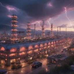 An electrifying Teslapunk city, with structures teeming with Tesla coils, arcs of electricity, and retro-futuristic technology set against a dramatic twilight sky.