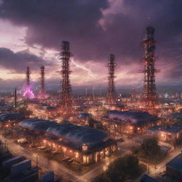 An electrifying Teslapunk city, with structures teeming with Tesla coils, arcs of electricity, and retro-futuristic technology set against a dramatic twilight sky.