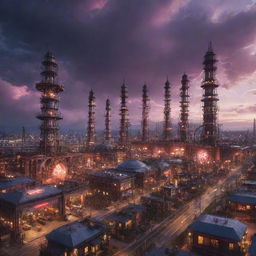 An electrifying Teslapunk city, with structures teeming with Tesla coils, arcs of electricity, and retro-futuristic technology set against a dramatic twilight sky.