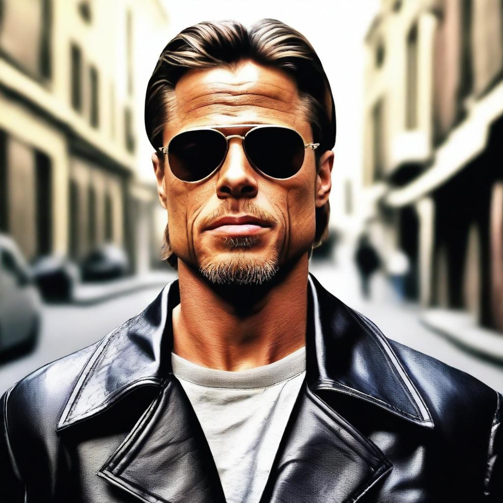 Generate an image of actor Brad Pitt portrayed as a drug dealer