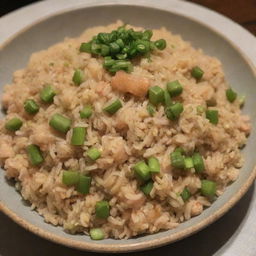 The same fried rice dish, without any green beans, still garnished with spring onions, fluffy and glistening under soft lighting.