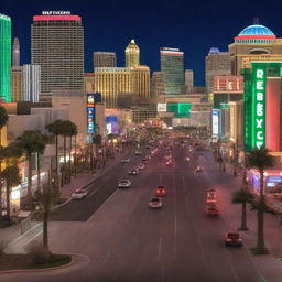 Generate a photo-realistic 4K image showcasing the vibrant night life of downtown Las Vegas.