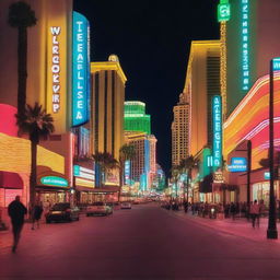 Generate a photo-realistic 4K image showcasing the vibrant night life of downtown Las Vegas.