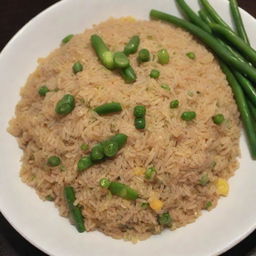 The same fried rice dish, without any green beans, still garnished with spring onions, fluffy and glistening under soft lighting.