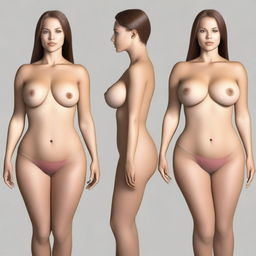 Generate an image showcasing the anatomy of a woman with symmetrical facial features and body