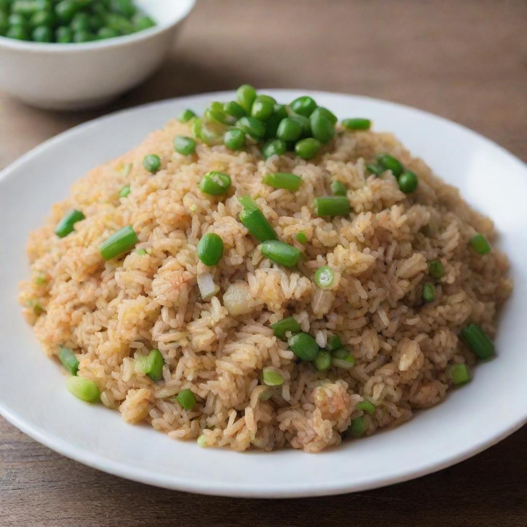 The same fried rice dish, without any green beans, still garnished with spring onions, fluffy and glistening under soft lighting.