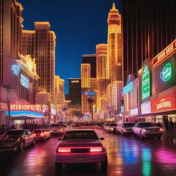 Create an image showcasing the vibrant and lively scene of downtown Las Vegas at night