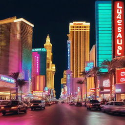 Create an image showcasing the vibrant and lively scene of downtown Las Vegas at night