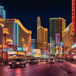 Create an image showcasing the vibrant and lively scene of downtown Las Vegas at night