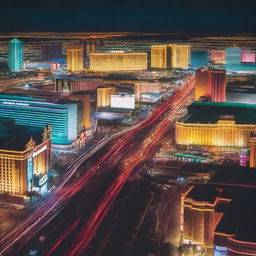 Generate an image capturing a medium close shot of downtown Las Vegas at night