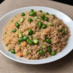 The same fried rice dish, without any green beans, still garnished with spring onions, fluffy and glistening under soft lighting.