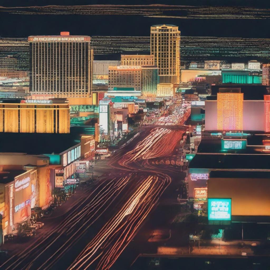 Generate an image capturing a medium close shot of downtown Las Vegas at night