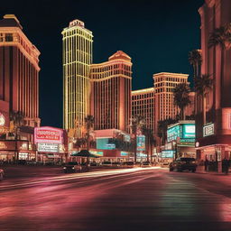 Generate an image capturing an up close shot of downtown Las Vegas at night