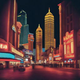 Generate an image capturing an up close shot of downtown Las Vegas at night