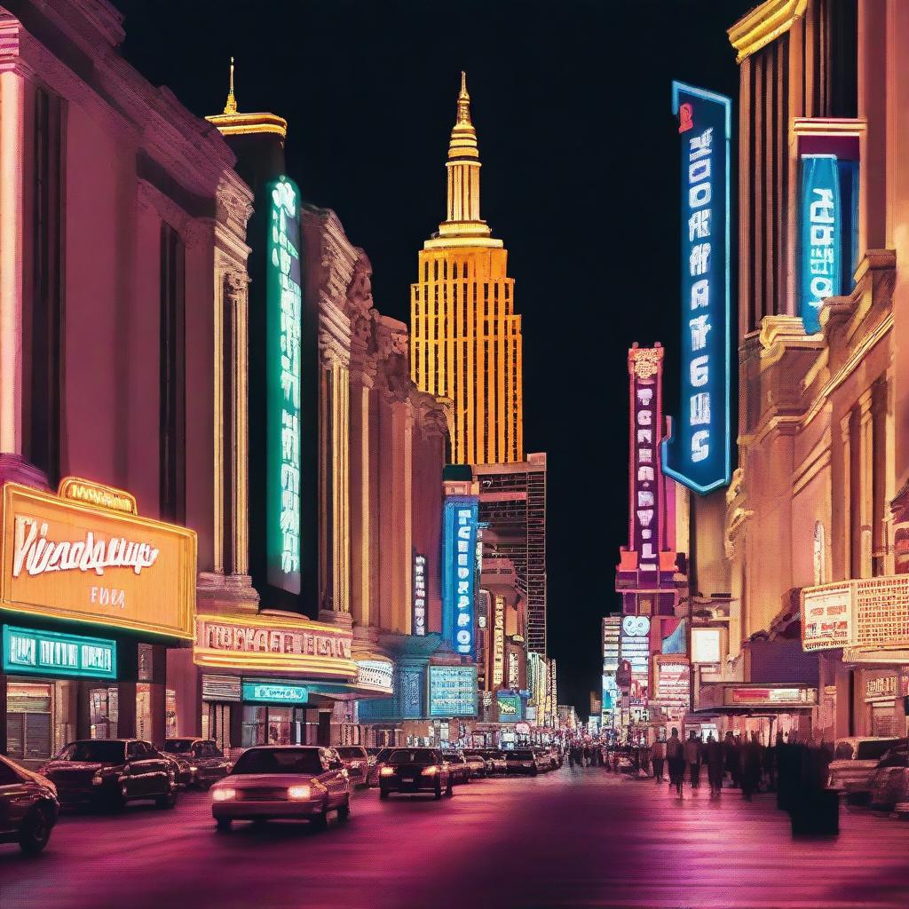 Generate an image capturing an up close shot of downtown Las Vegas at night