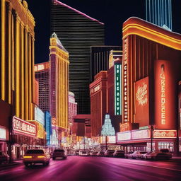 Generate an image capturing an extreme up close shot of downtown Las Vegas at night