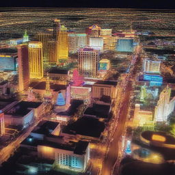 Generate an image capturing an extreme up close shot of downtown Las Vegas at night