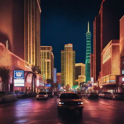 Generate an image capturing an extreme up close shot of downtown Las Vegas at night