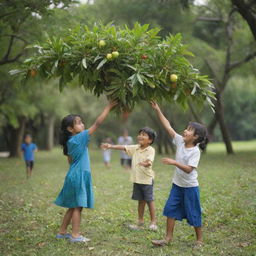 Children joyfully collecting mango leaves and branches in the park of CMEI, surrounded by lush greenery and the playful atmosphere of the park.