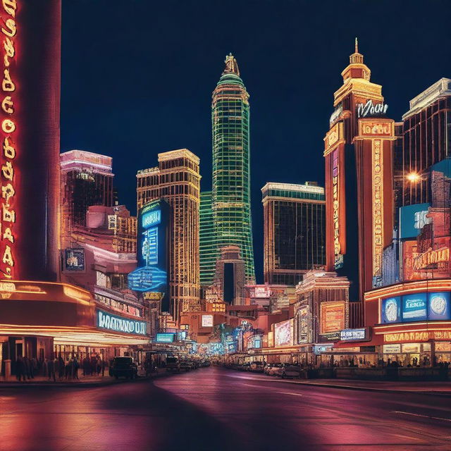 Generate an image capturing an extreme up close shot of downtown Las Vegas at night