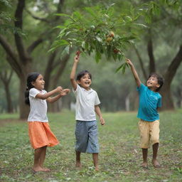 Children joyfully collecting mango leaves and branches in the park of CMEI, surrounded by lush greenery and the playful atmosphere of the park.