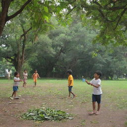 Children joyfully collecting mango leaves and branches in the park of CMEI, surrounded by lush greenery and the playful atmosphere of the park.