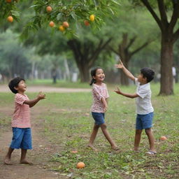 Children joyfully collecting mango leaves and branches in the park of CMEI, surrounded by lush greenery and the playful atmosphere of the park.