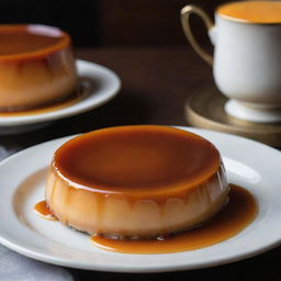 A rich and creamy leche flan with a gorgeous caramel topping, served in a classy ceramic dish under warm lighting.