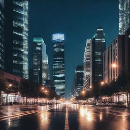 Generate an image of a nighttime cityscape background from a ground view