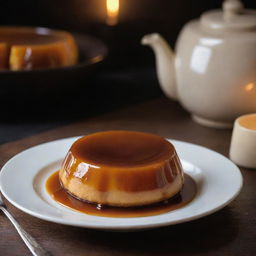 A rich and creamy leche flan with a gorgeous caramel topping, served in a classy ceramic dish under warm lighting.