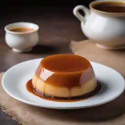 A rich and creamy leche flan with a gorgeous caramel topping, served in a classy ceramic dish under warm lighting.