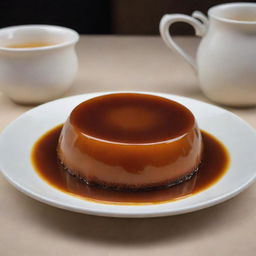 A rich and creamy leche flan with a gorgeous caramel topping, served in a classy ceramic dish under warm lighting.