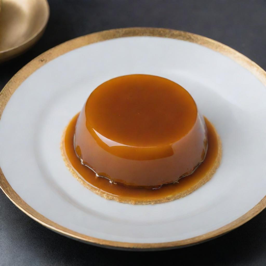 A luxurious leche flan worth $50, featuring gold foil garnish and served on a premium ceramic dish under sophisticated lighting.